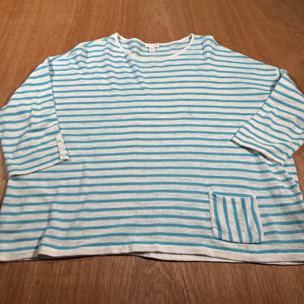 J. Jill Sweater Women L Petite Blue White Striped Linen Cotton Knit Pocket Top
